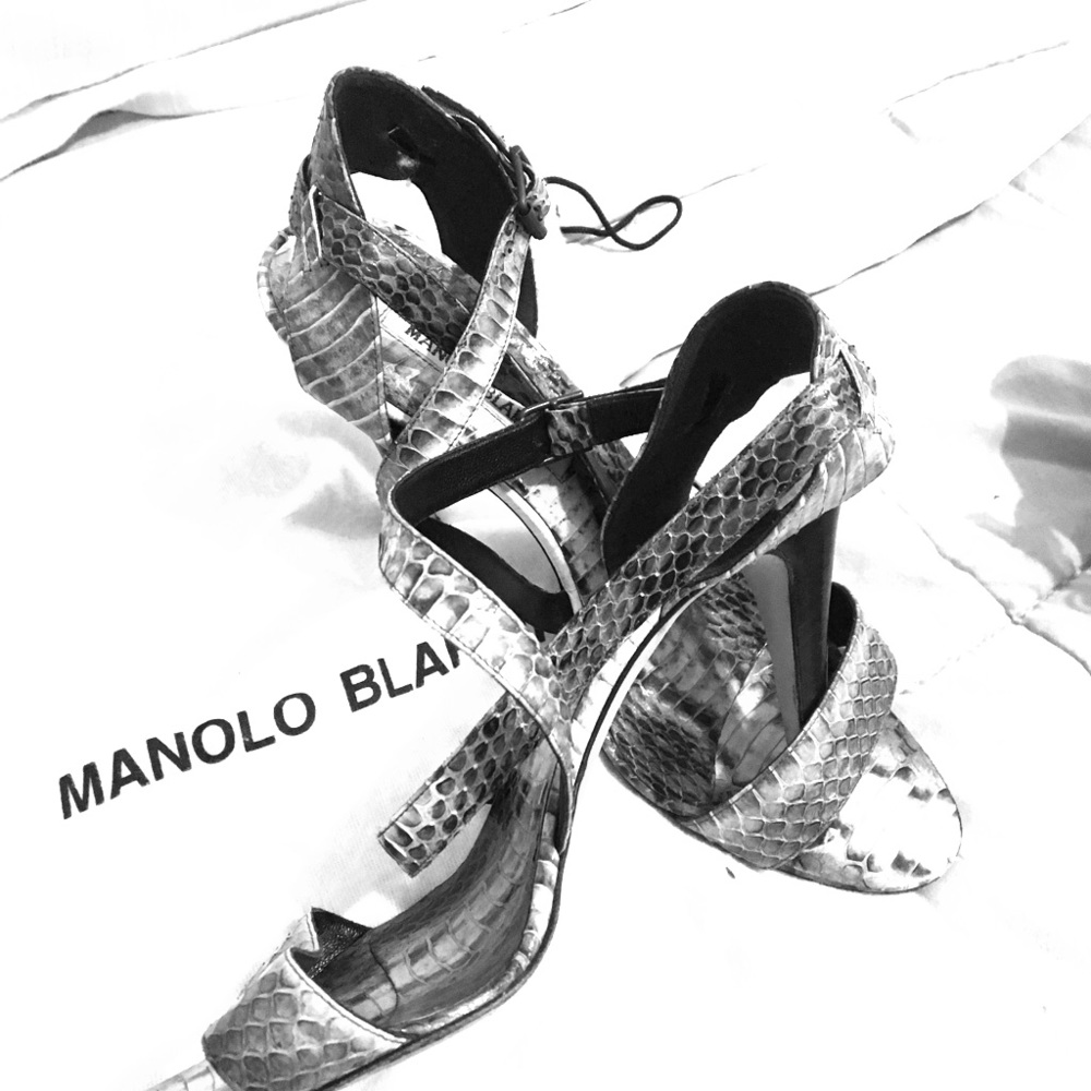 Manolo Blahnik strappy heels in snakeskin print